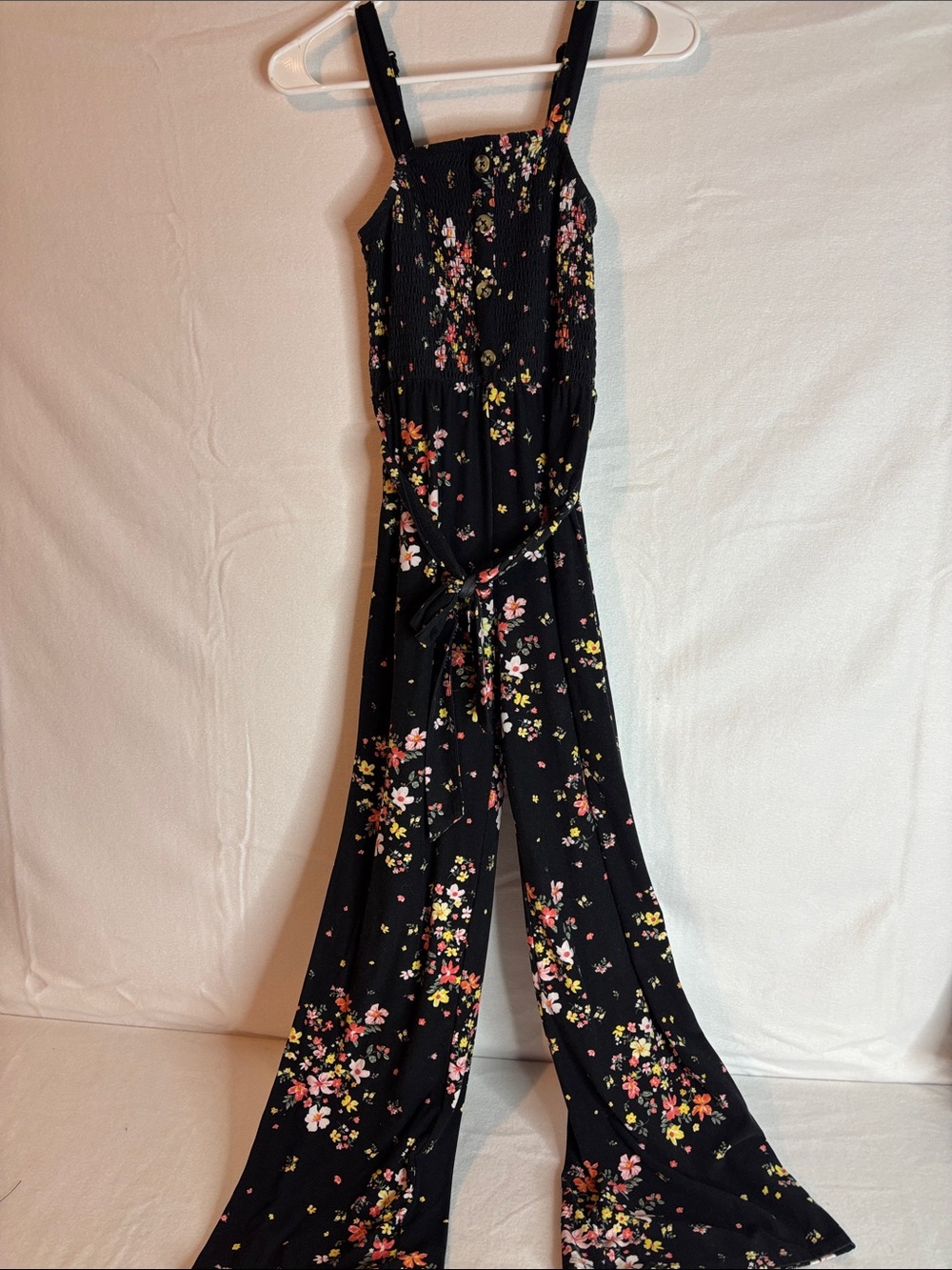 No Boundaries Black Floral Smocked-Strap Jumpsuit